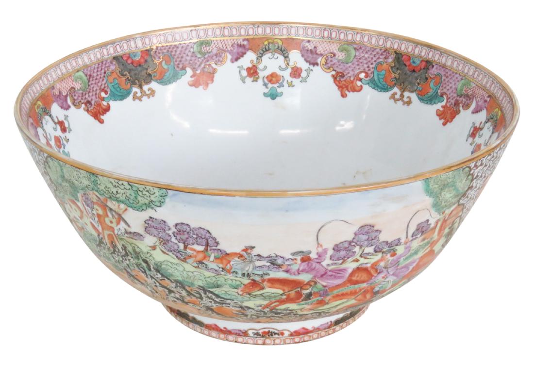 LARGE PAINT DECORATED CENTER BOWL w/ HUNTING SCENE (1 of 5)