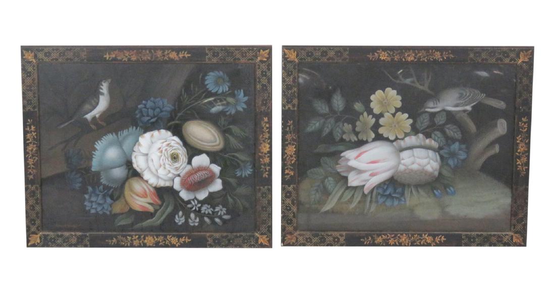2 ROBERT SAWYER ACRYLIC PAINTINGS of FLOWERS & BIRDS: Marked Robert Sawyer. Acrylic on board. 12 1/4"h. x 14 3/4"w.