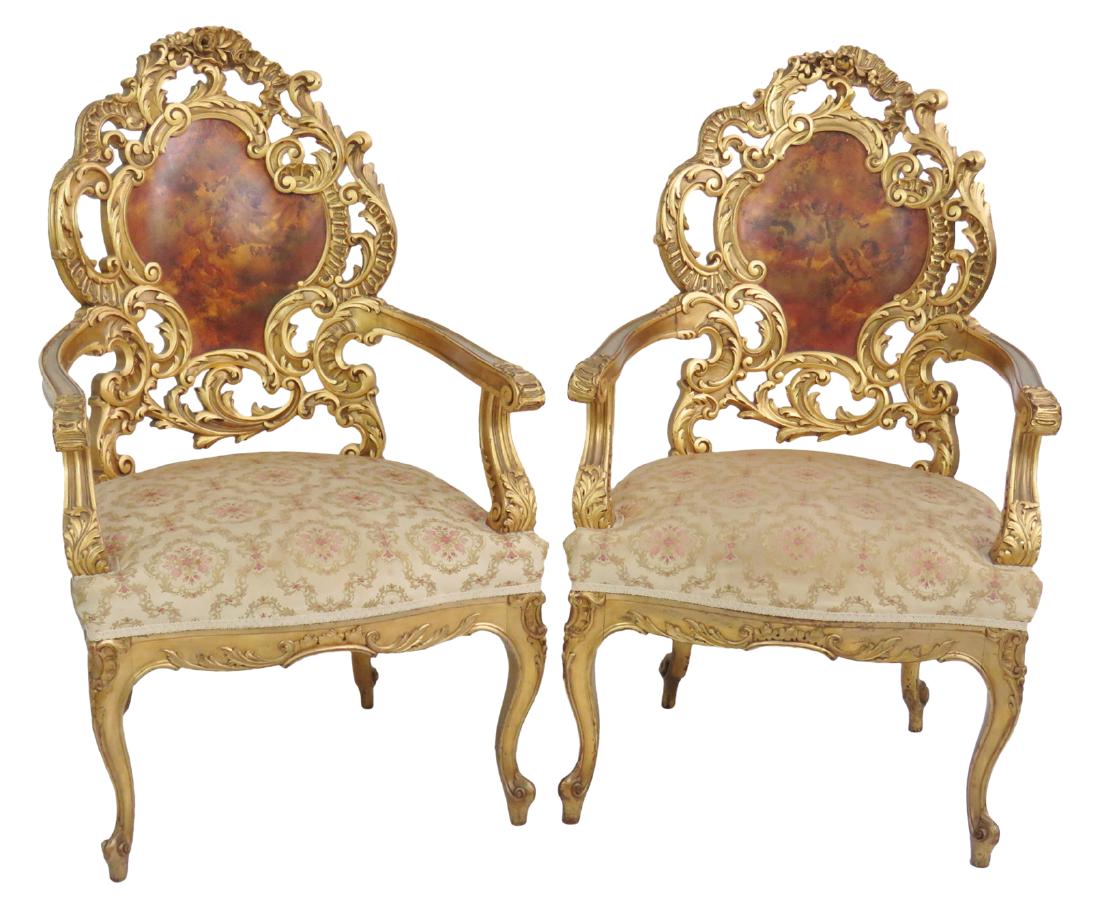Pair GILT CARVED PAINT DECORATED FAUTEUILS (1 of 5)