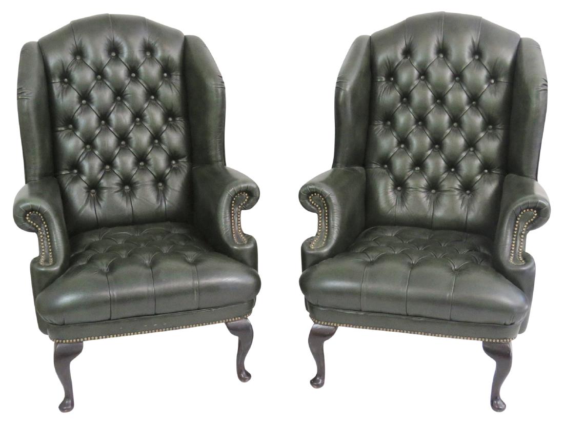 Pair LEATHER TUFTED CHESTERFIELD WING CHAIRS (1 of 9)