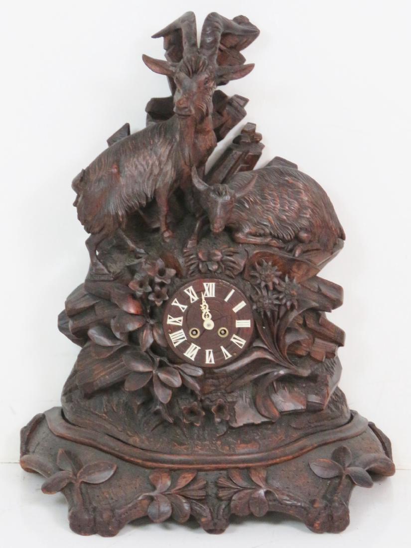 BLACK FOREST STYLE CARVED CLOCK w/ GOAT (1 of 8)