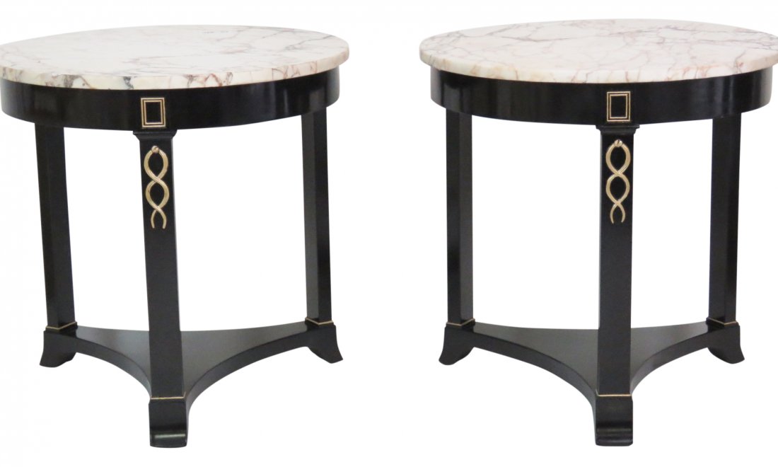 Pair JANSEN STYLE EBONIZED MARBLETOP SIDE TABLES (1 of 7)