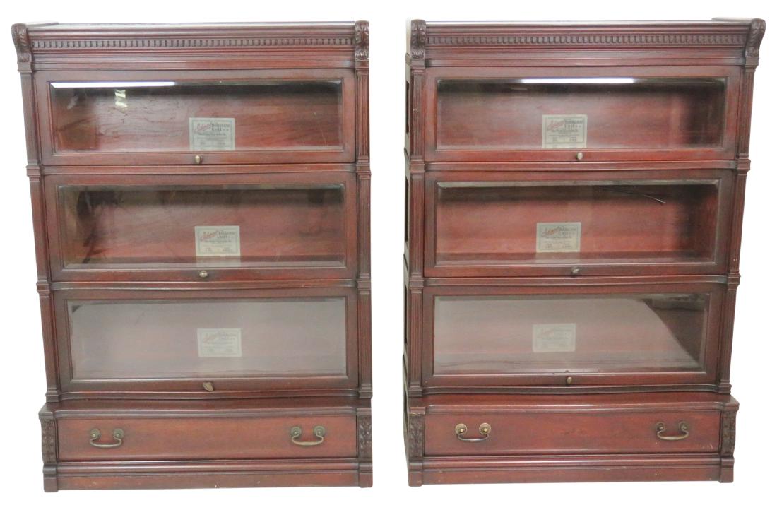 Pair GLOBE WERNICKE Co. MAHOGANY CARVED IDEAL BOOKCASES