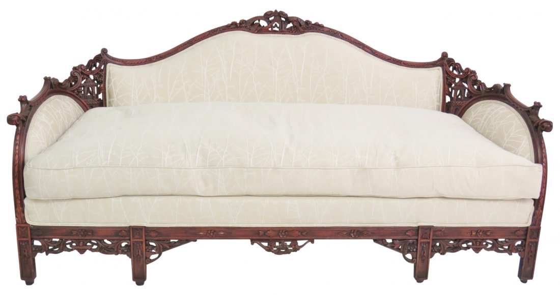 ASIAN STYLE CARVED UPHOLSTERED SOFA (1 of 11)