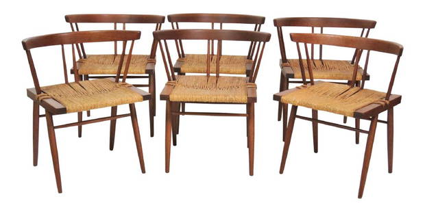 6 NAKASHIMA DINING ROOM CHAIRS: Woven seats. Walnut pegged frames. 26 1/2"h x 23"w x 18"d