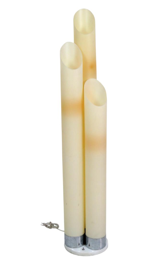 MID CENTURY MODERN TRIPLE STACK CHIMNEY FLOOR LIGHT: Three tier plastic shades. 56 1/4"h x 12" diameter