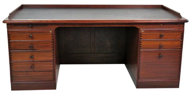 ANDREAS HANSEN MULTI-SECTION ROSEWOOD DESK: Mahogany frame. Drawers and pullouts. Leather top. 31"h x 72"w x 35"d.