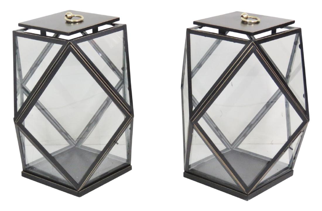 Pair EBONIZED GILT DIAMOND SHAPE HANGING LANTERNS (1 of 3)