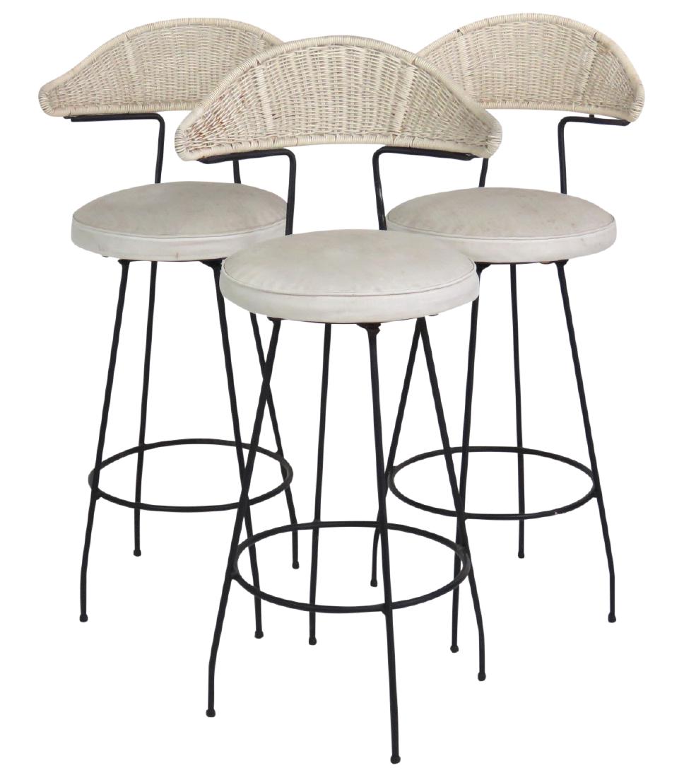 3 SALTERINI STOOLS: Black metal bases. Cream wicker backs. Cream upholstered seats. 40 1/4" h x 19 1/2"w x 18 1/2" d