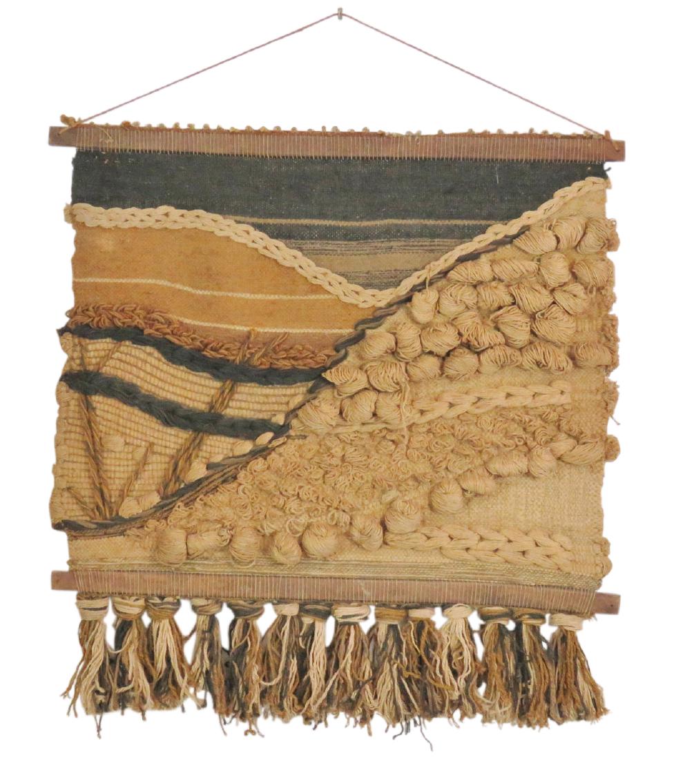 MODERN DESIGN WALL HANGING: Burlap and wool decoration. 47"h x 35 1/4"w