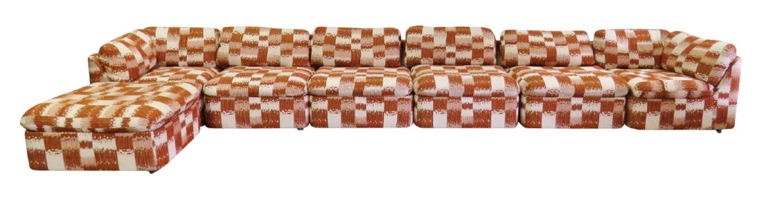 7 pc. ANNEX COLLECTION MID CENTURY MODERN SECTIONAL: Brown and cream checkered upholstery. Adjustable ottoman. 27 1/2"h. 196"w. x 32 1/2"d.