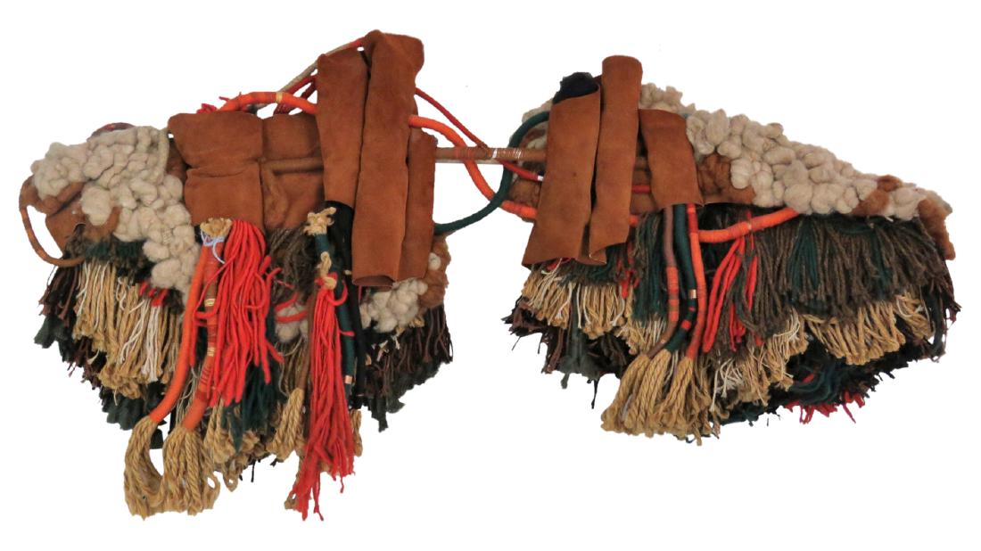 TEXTILE WALL SCULPTURE: Burlap, suede, yarn and wool wrapped wall hanging. 27"h x 68 1/2"w