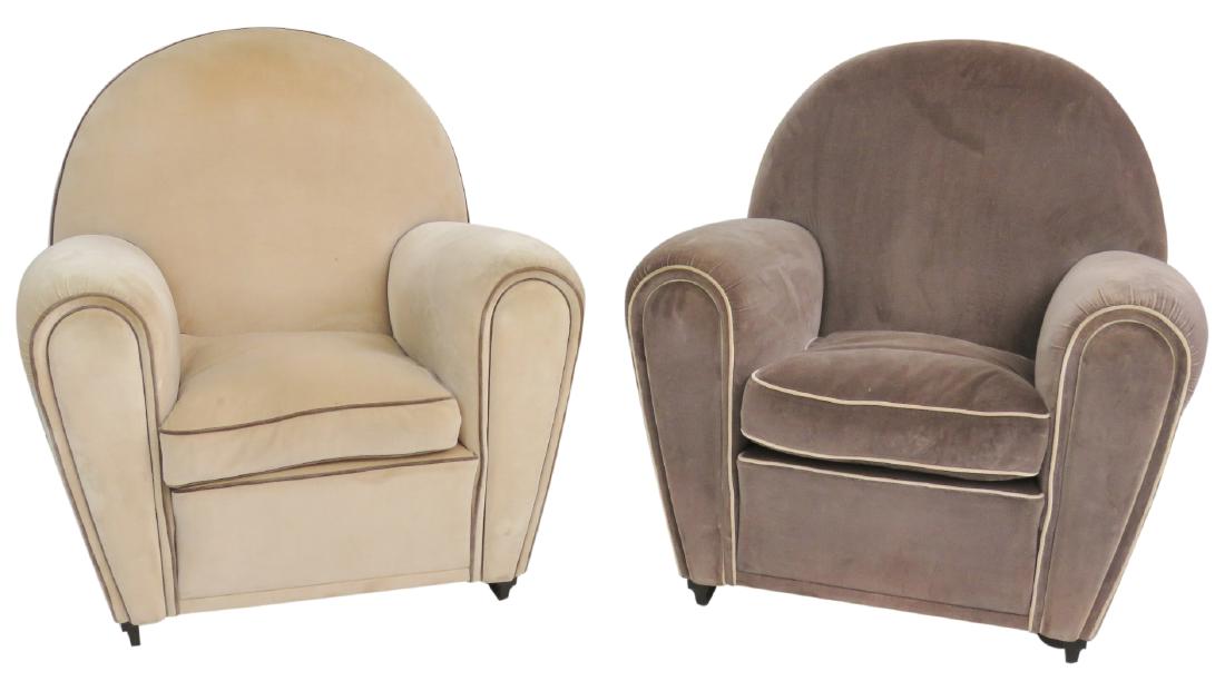 Pair POLTRONA FRAU ART DECO CLUB CHAIRS: One chair with cream upholstery and grey piping. Other chair with grey upholstery and cream piping. 39 1/2" h x 36 1/2"w x 32" d
