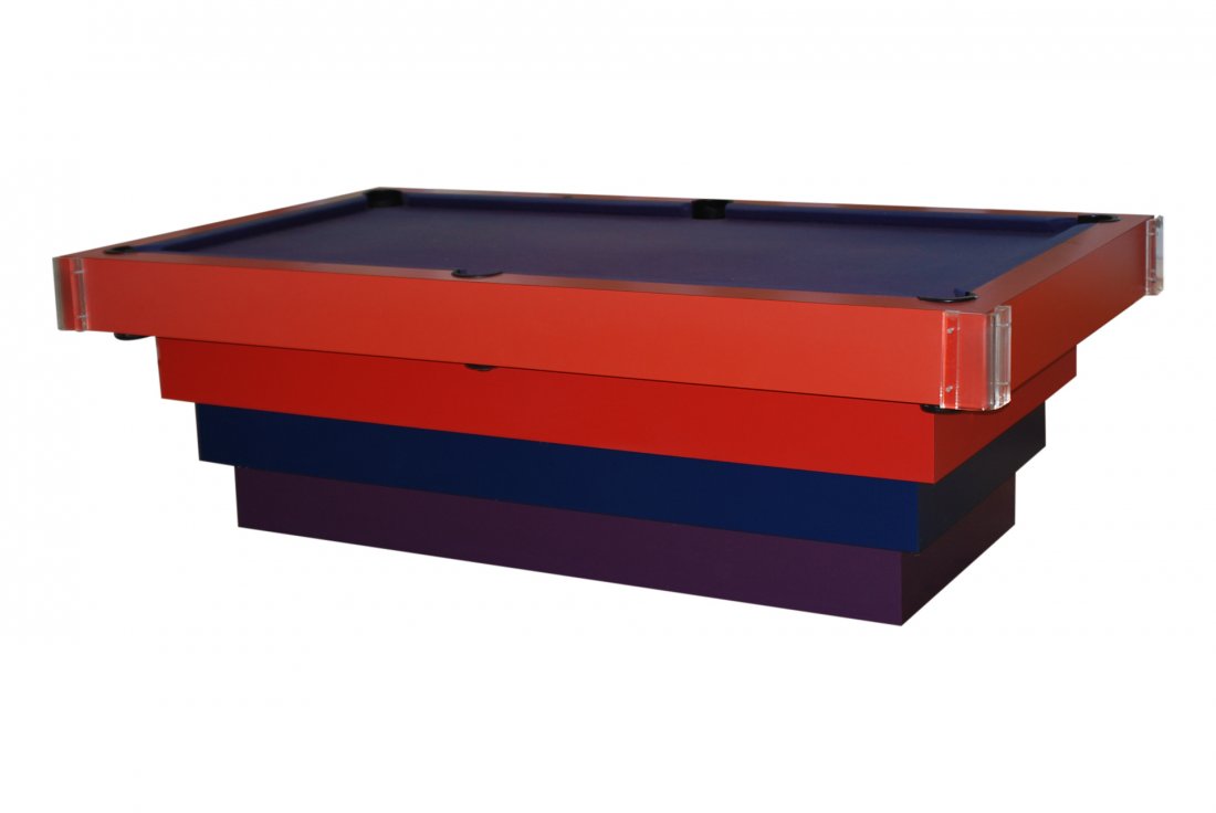 MODERN DESIGN STACKED & LUCITE POOL TABLE: Multi colored stacked frame. Lucite pockets. Felt top.