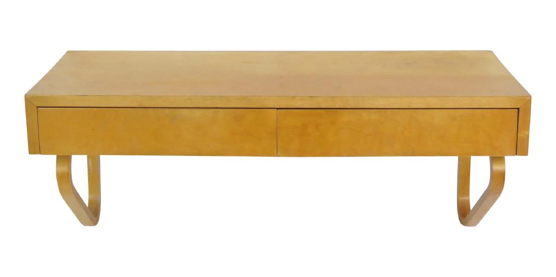 ALVAR AALTO HANGING CONSOLE: Light colored wood frame. 13"h x 31 1/12" w x 13"d.