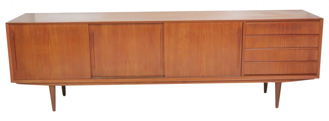 DANISH MODERN TEAK SLIDING DOOR SIDEBOARD: Teak frame. Sliding doors and drawers. 29 1/2" h x 94 1/4" w x 18 1/2"d.
