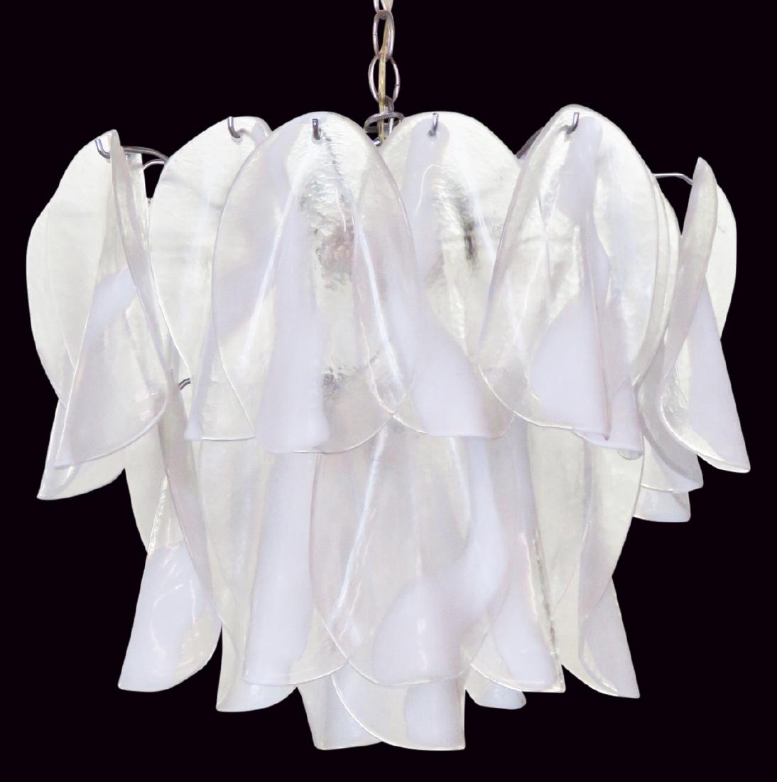 MAZZEGA ITALIAN MODERN GLASS CHANDELIER: Chrome frame. Clear and white glass pendants.