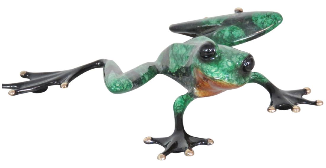 TIM FROGMAN SCULPTURE: Bronze and enamel frog. Marked Tim, 92. 2593/5000. 6 1/4"l. x 5 3/4"w.