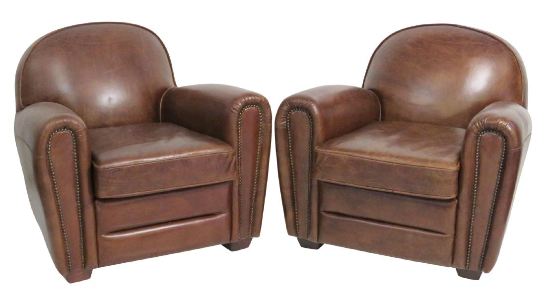 Pair FRENCH DECO STYLE LEATHER CLUB CHAIRS (1 of 5)