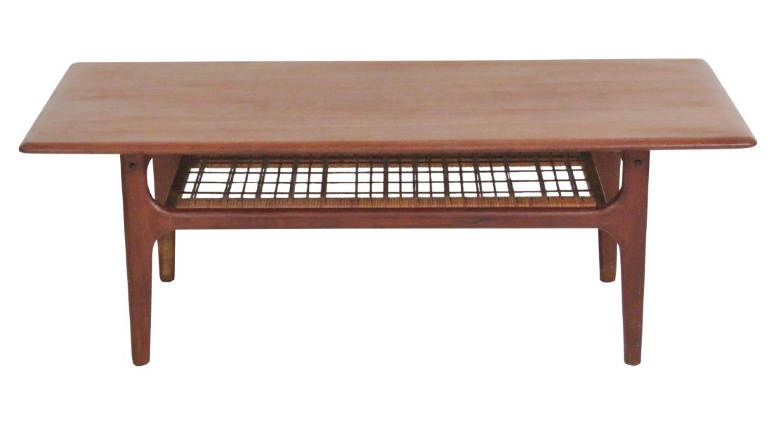 DANISH MODERN TEAK COFFEE TABLE: Teak frame. Thatched shelf on bottom. 17"h. x 47 1/4"w. x 20 1/2"d.