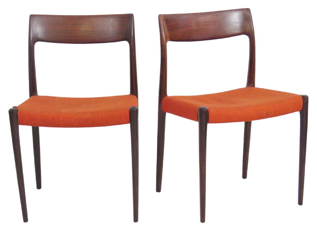Pair MOLLER ROSEWOOD CHAIRS: Rosewood frame. Orange upholstered seats. 30"h x 19 1/2"w x 17 1/4"d