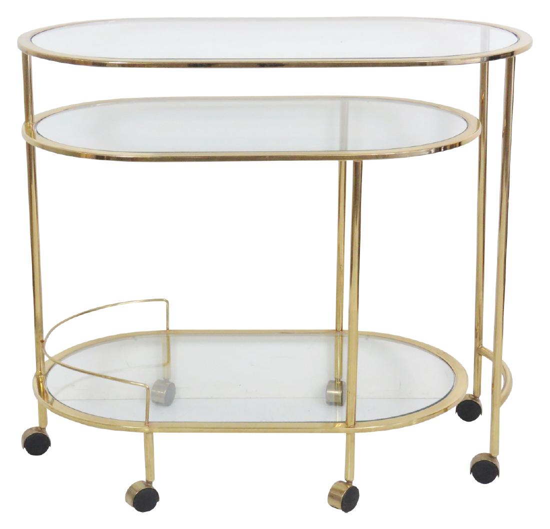 KARL SPRINGER STYLE BRASS & GLASS CART: Brass frame. Glass tops. 33 1/2"h. x 37 1/2"w. x 20 1/2"d.