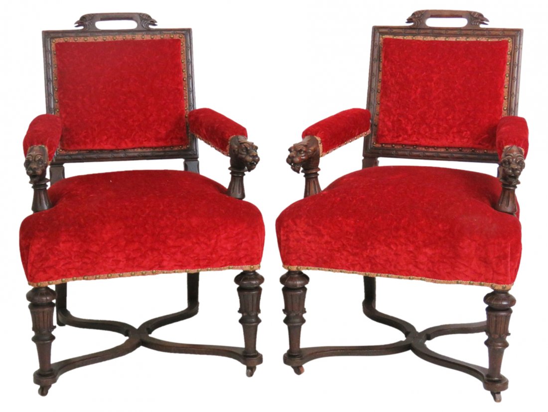 Pair VICTORIAN STYLE CARVED OAK ARMCHAIRS (1 of 7)