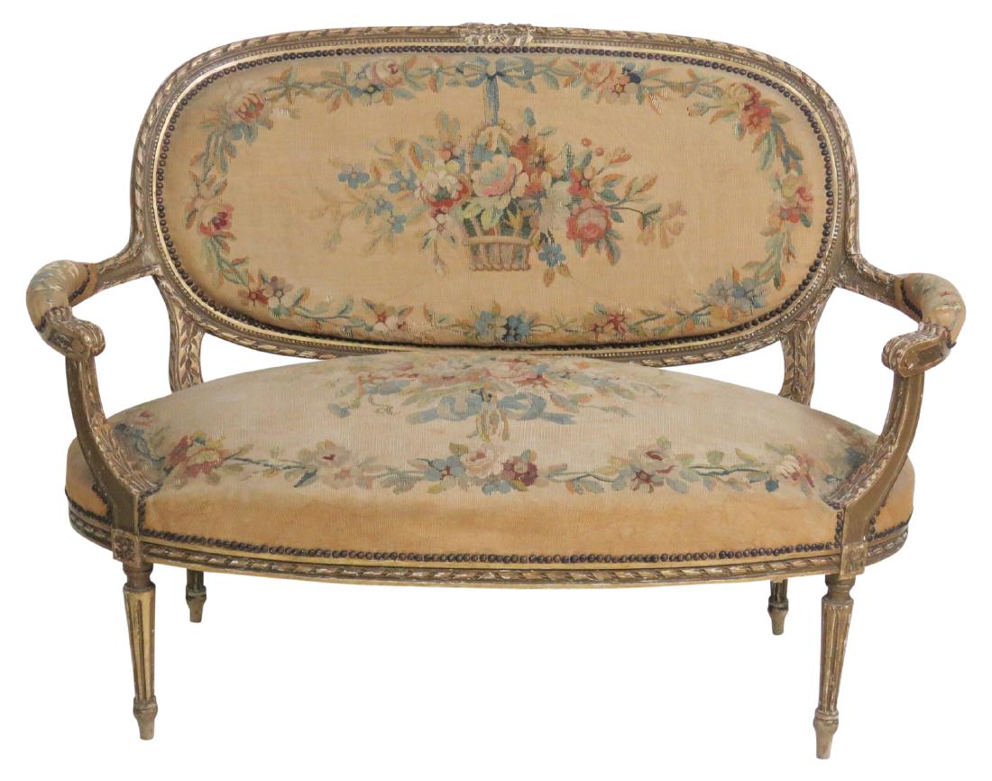 LOUIS XVI STYLE GILT CARVED NEEDLEPOINT SETTEE (1 of 9)