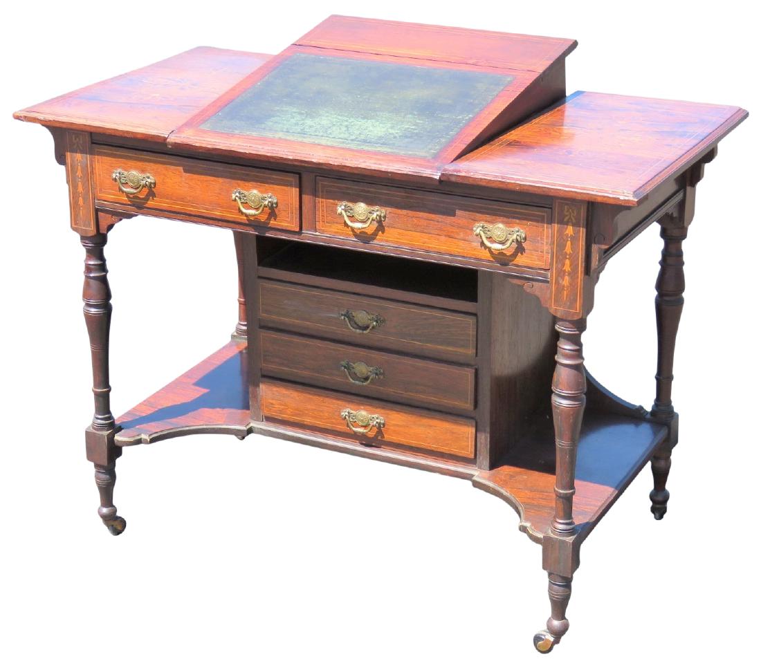 EDWARDIAN DAVENPORT STYLE INLAID LEATHERTOP DESK: Green leather top with fitted interior top and inlay. Desk has top that lays flat or pops up. 32"h. x 29"w. x 14"d.