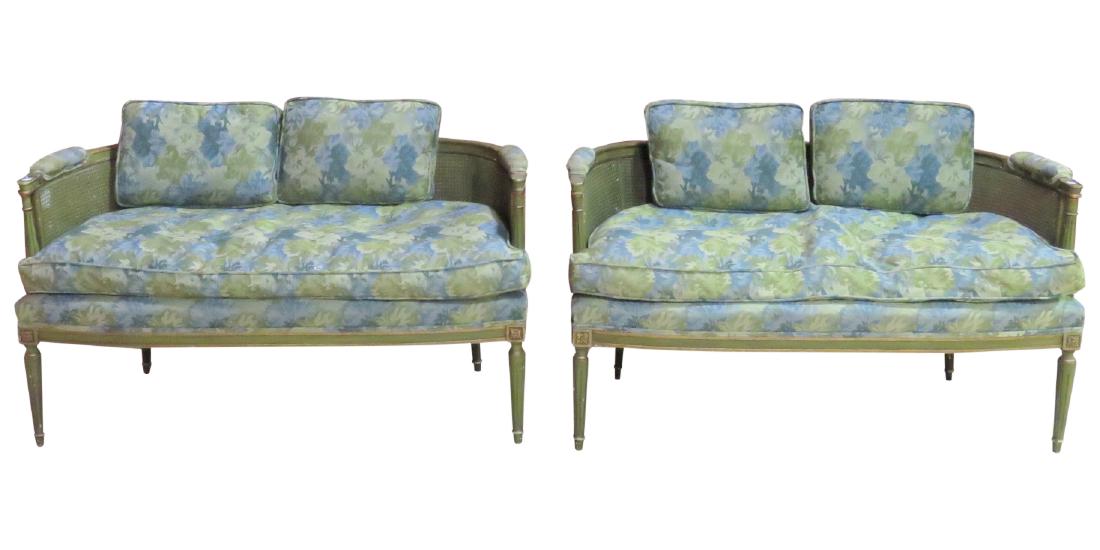 Pair GREEN PAINTED UPHOLSTERED CANED BACK SETTEES (1 of 6)
