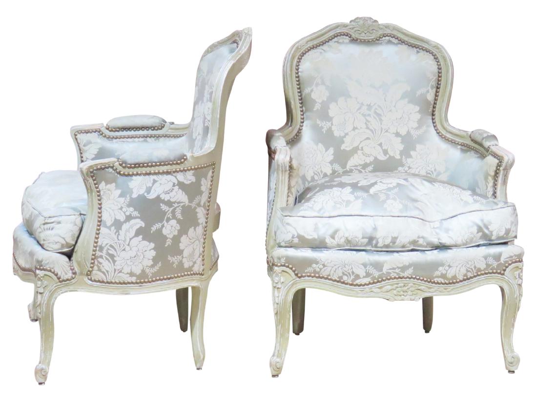 Pair LOUIS XVI STYLE CARVED PAINT DECORATED BERGERES (1 of 6)