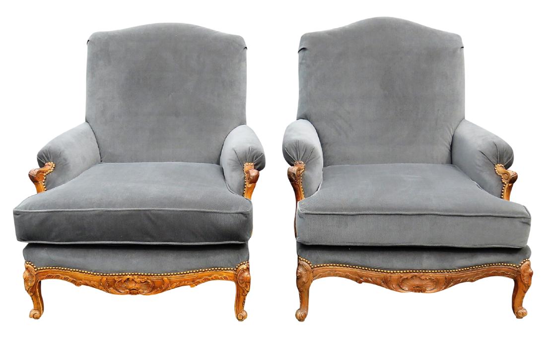 Pair OVERSIZED CARVED WALNUT LOUNGE CHAIRS (1 of 4)