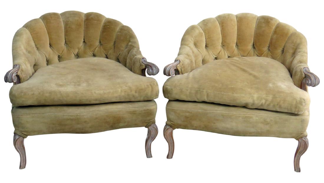 Pair SWEDISH DECORATED BERGERES: Tufted upholstery. Carved wood.Distressed. 28"h x 32"w x 33"d . Seat height 17".