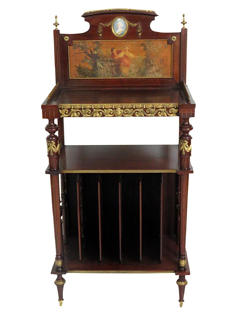 VERNIS MARTIN LOUIS VI MUSIC CABINET attr LINKE: Brass accents and gallery. Pierced wood. Portrait medallion of period young lady. 48" h x 23" w x 14 1/4"d