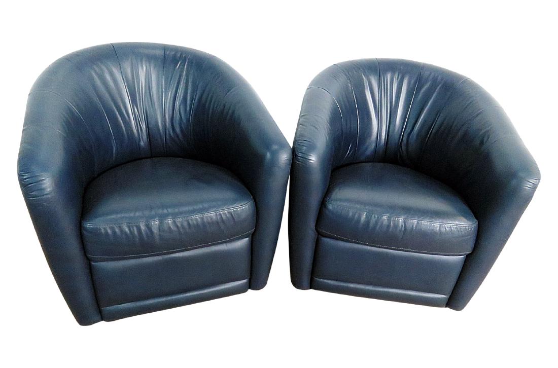 Pair NATUZZI BLUE LEATHER SWIVEL CHAIRS (1 of 4)