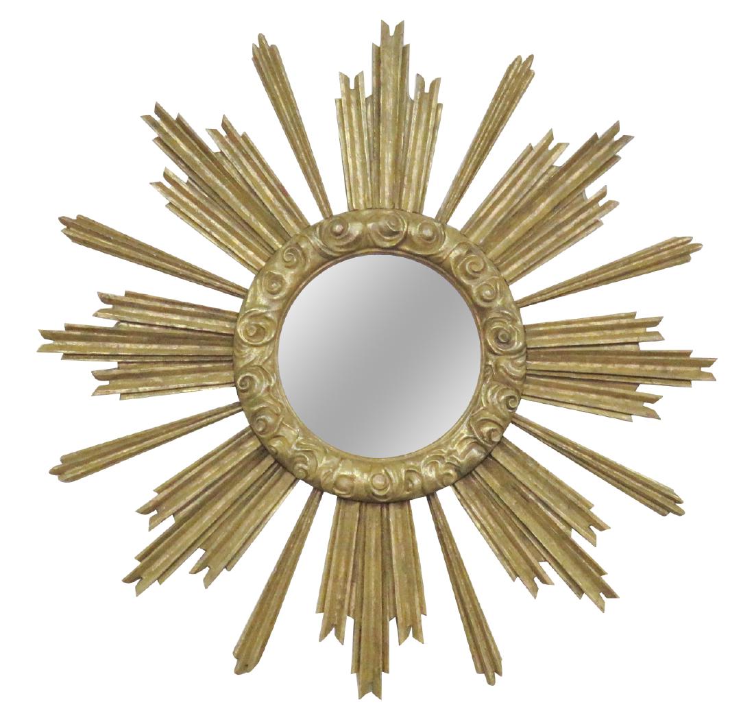 ITALIAN GILTWOOD SUNBURST MIRROR: Gilt carved frame. 54 1/2" diam.