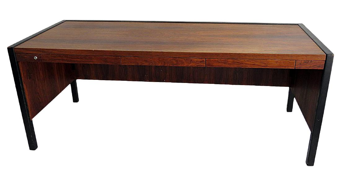 GEORGE NELSON for HERMAN MILLER ROSEWOOD DESK: Ebonized frame. Rosewood. Three drawers. 29 3/4"h x 74 1/2"w x 31 1/2"d