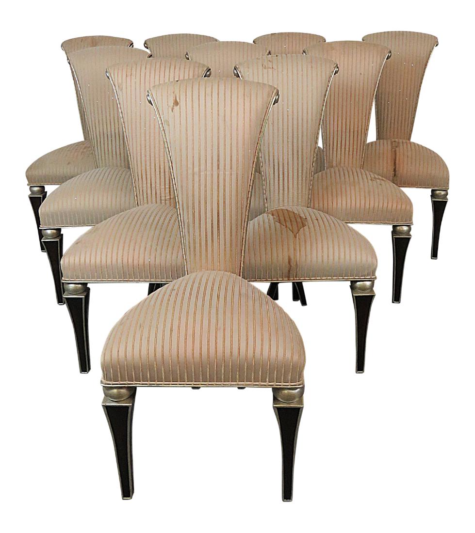 10 SIDE DINING CHAIRS from TRUMP PLAZA: Silver leaf. Ebonized wood. 40 1/2"h x 21"d x 20"w. 21" seat height.