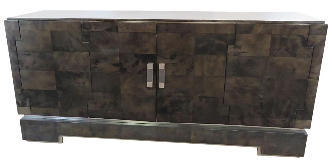 JEAN MICHEL FRANK STYLE SIDEBOARD: Parchment and stainless steel. 32 1/2"h x 80"w x 22"d
