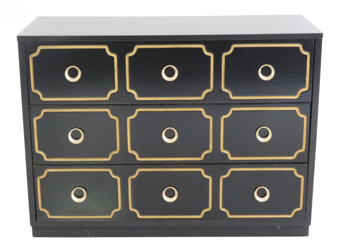 DOROTHY DRAPER STYLE EBONIZED & GILT CHEST OF DRAWERS (1 of 4)