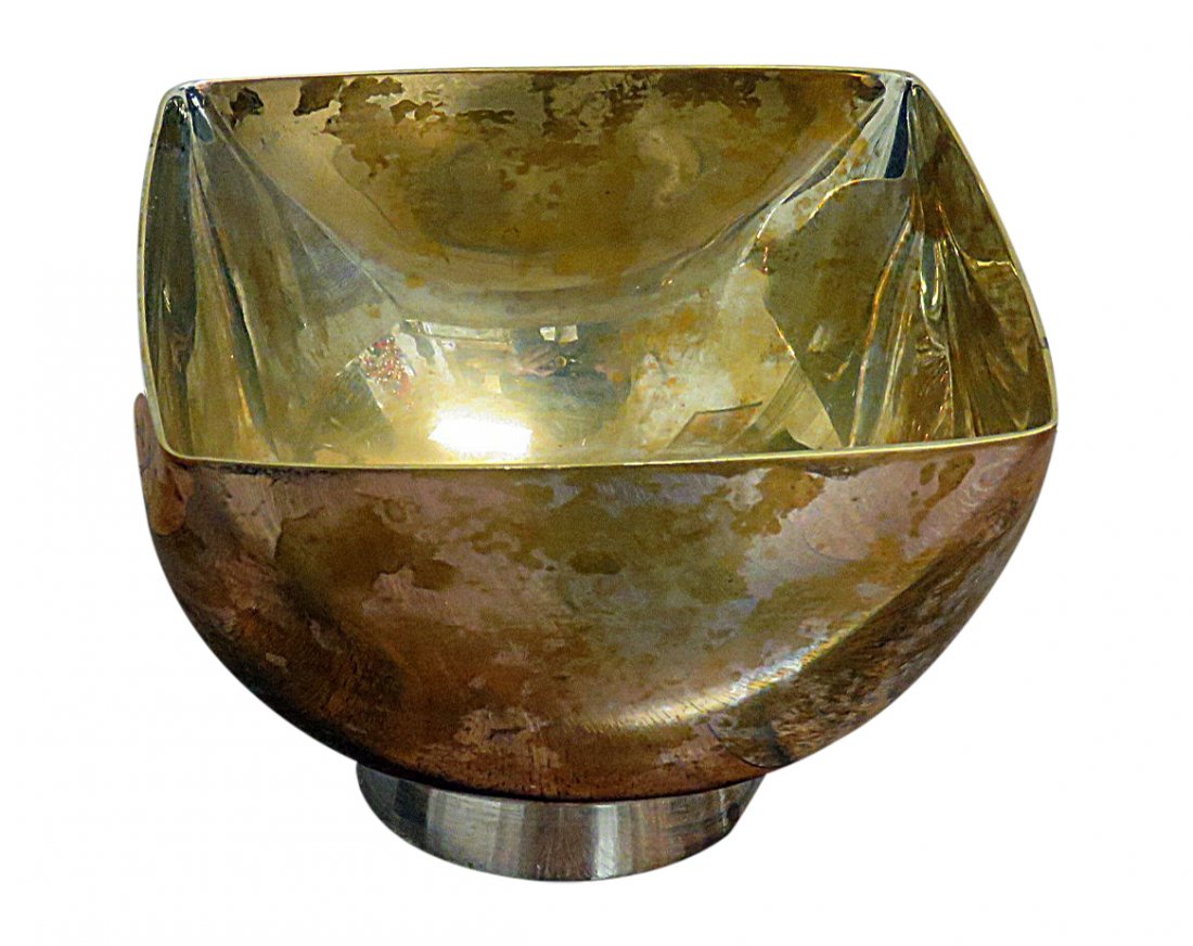 SILVERPLATE BOWL by WARD BENNETT: Handsome four-sided bowl. Hallmarked "Ward Bennett Design" on other side. 3.25"h x 4.5"sq
