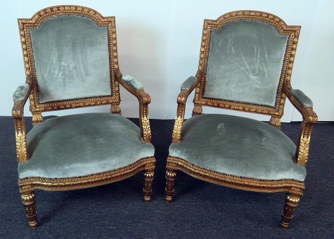 Pair LOUIS XVI GILT PALATIAL ARM CHAIRS STAMPED FOREST (1 of 7)