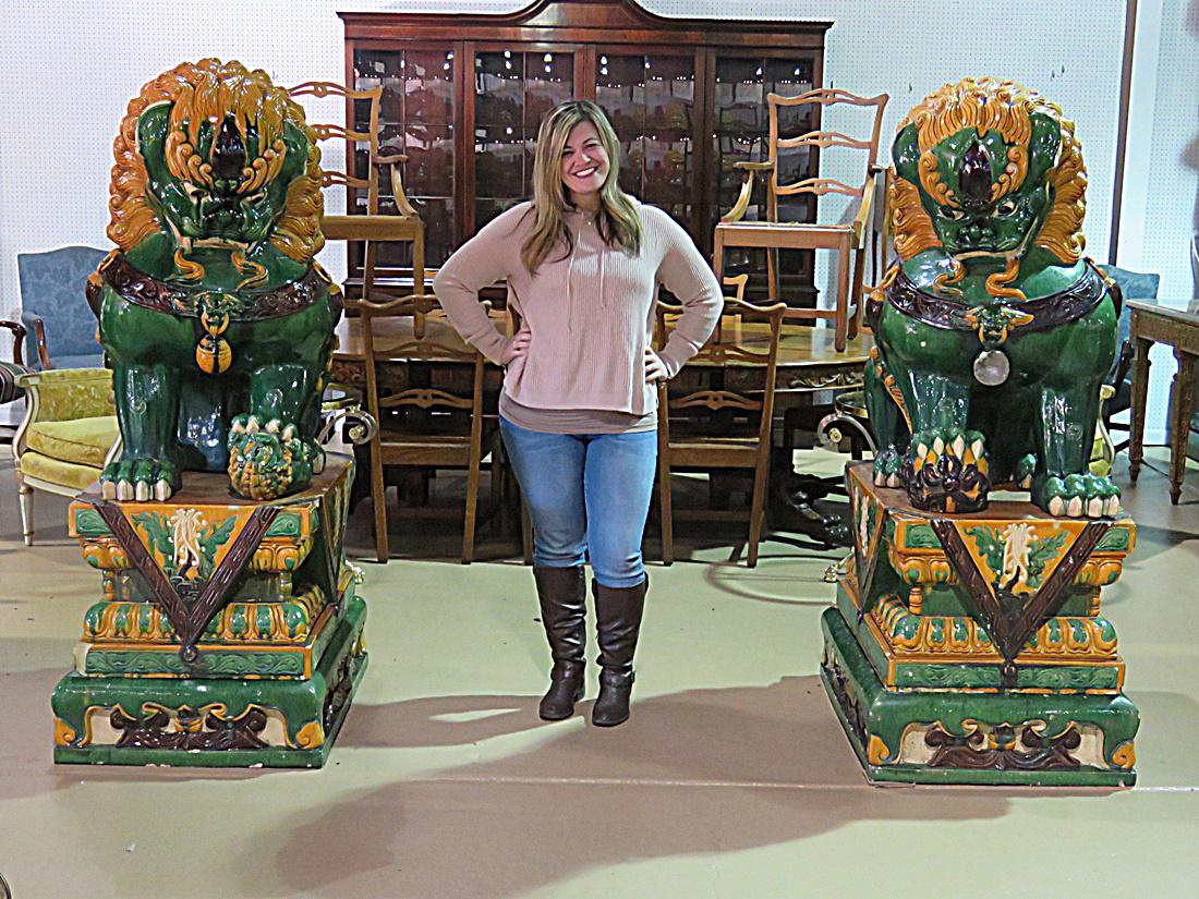 MONUMENTAL MAJOLICA FOO DOGS: Three section. 66" h x 25" w x 32 3/4" d