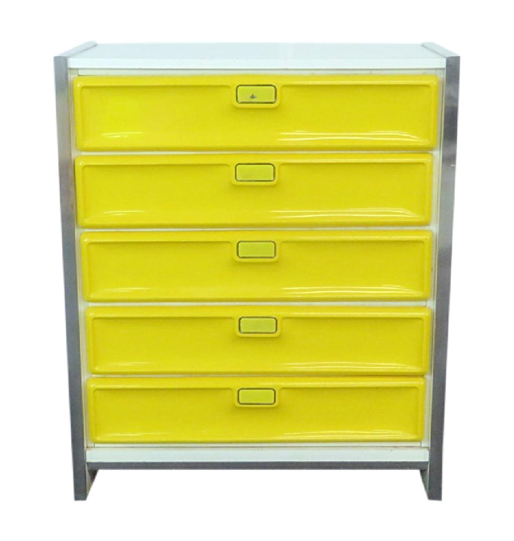 RAYMOND LOEWY STYLE CHEST OF DRAWERS: 5 drawers. Yellow plastic drawer fronts. 45 1/4"h x 37 1/2"w x 18 1/4"d