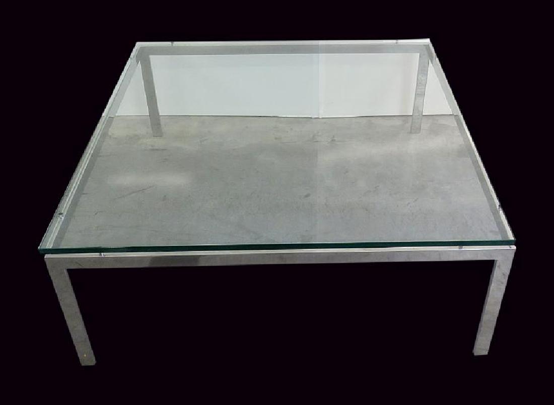 GLASSTOP FLAT BAR COFFEE TABLE attr. KNOLL: Stainless steel base. 16 3/4" h x 42" square.