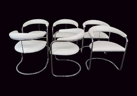 6 ANTON LORENZ for THONET ARMCHAIRS: Chrome base. White naugahyde upholstery. 29"h x 23"w x 22 1/4"d seat height: 19 1/2"h