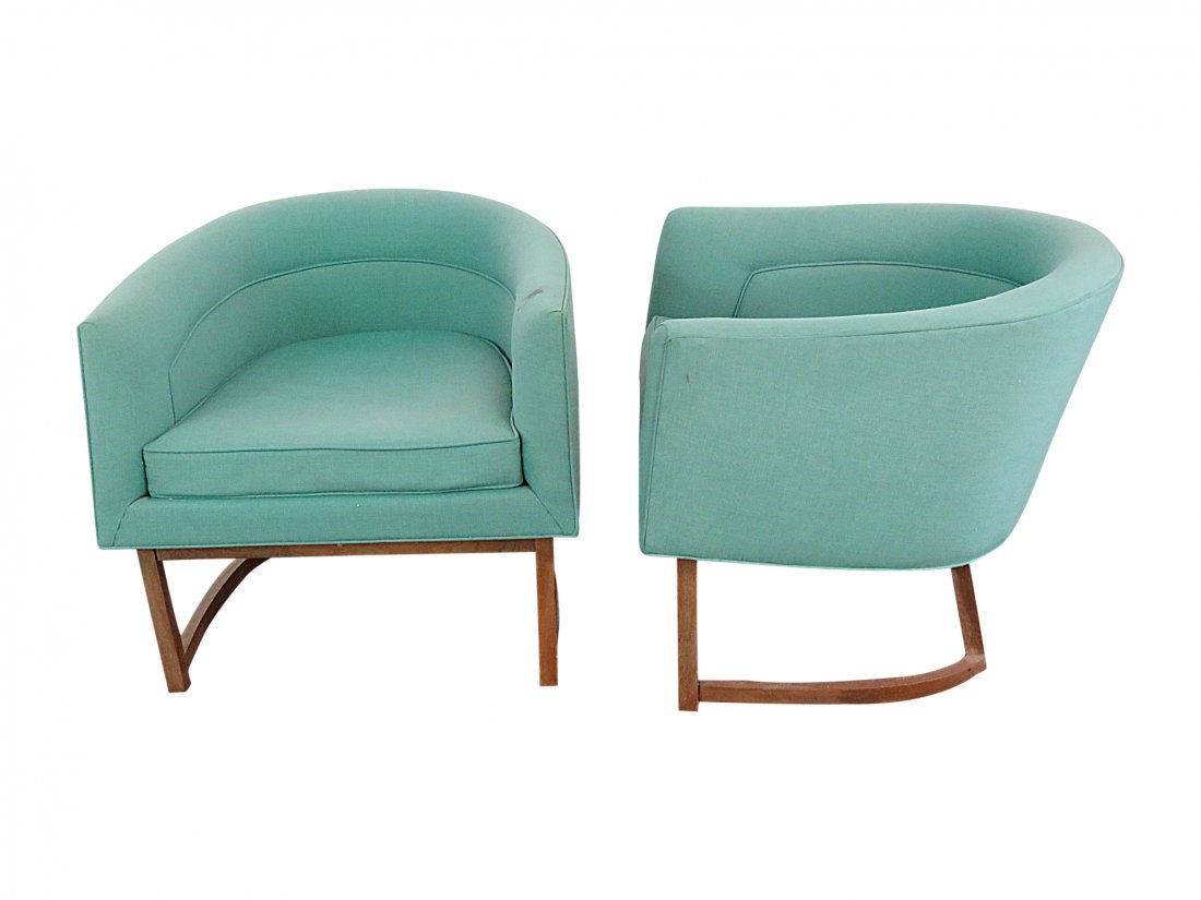 Pair MILO BAUGHMAN for THAYER COGGIN CLUB CHAIRS: Wood legs. Upholstered arms, seats, and backs. 25 1/2"h x 26 3/4"w x 28"d seat height: 17 1/4"h.