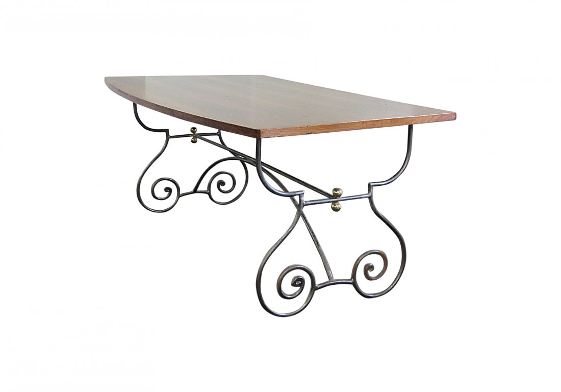 ROSEWOOD MAISON JANSEN STYLE DESK: Metal base. Brass accents on base. 28 7/8"h x 78 5/8"w x 39"d