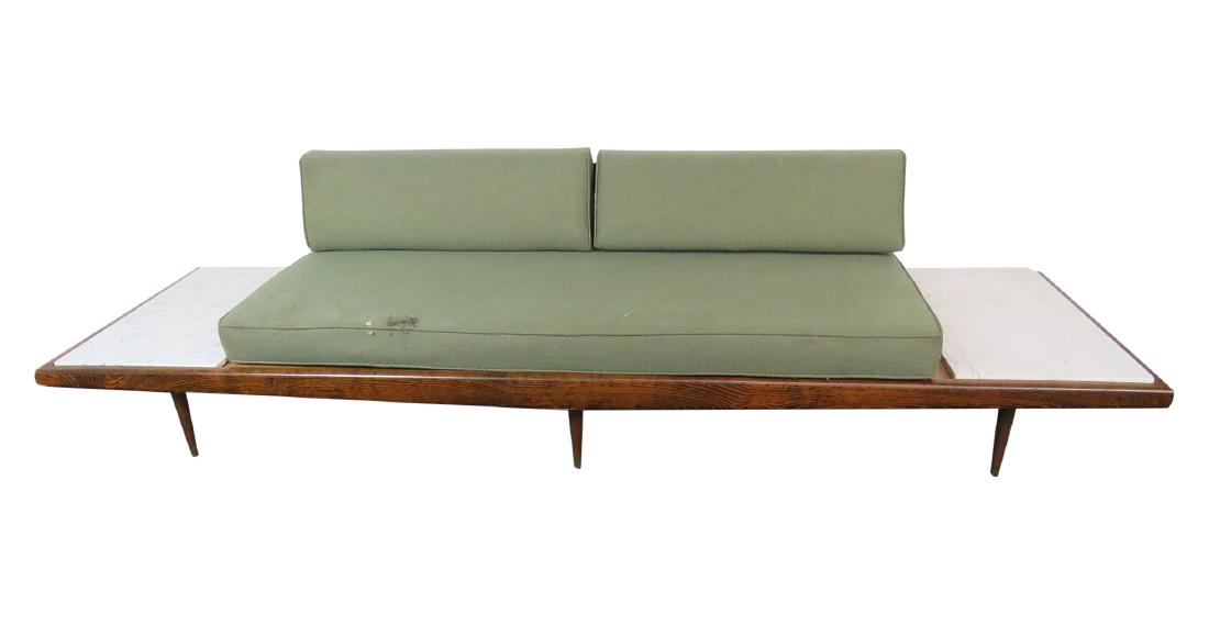 MID CENTURY MODERN SOFA: Walnut with marble inserts. Brass sabots. 29"h x 113"w x 31 1/4"d seat height: 17 1/2"h