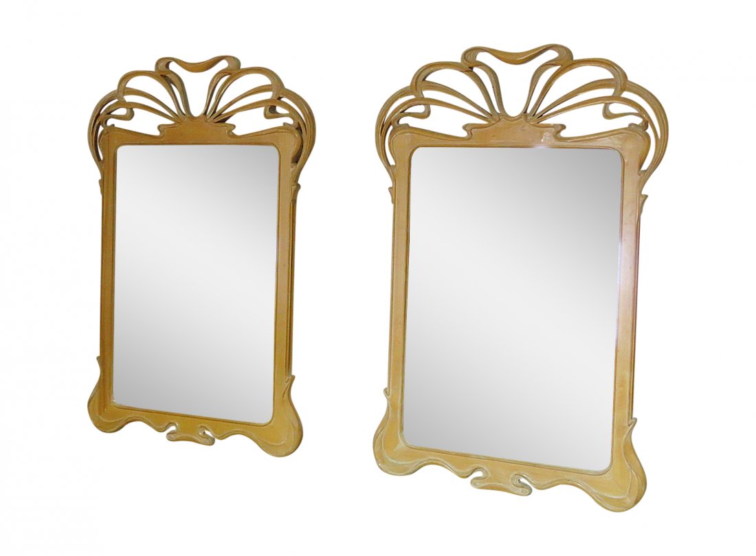 Pair NOUVEAU STYLE MIRRORS mann MAJORELLE: Wood carved. 50" h x 33 1/2" w x 1 1/2" d.